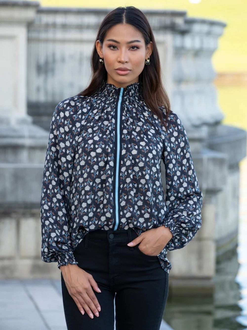 Rungolee Brooklyn Full Sleeve Silk Blouse in Blue Leopard Print